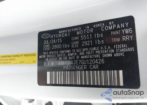 2016 Hyundai Genesis 3.8 z USA, uszkodzony, nr VIN KMHGN4JE7GU120426
